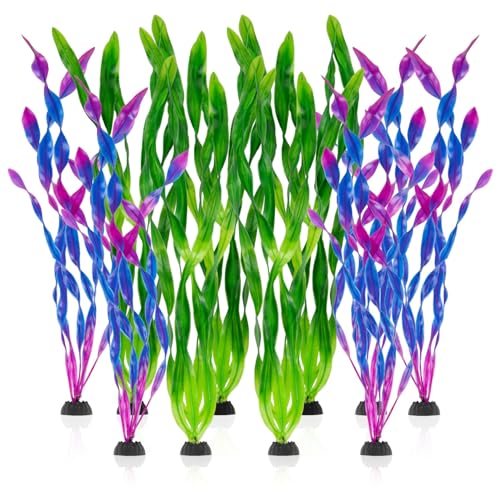 RAINFLOW Artificial Aquarium Plants Decorations - 10Pcs Green & Purple Tall Artificial Seaweed Fish Tank Decorations Aquarium Decor Set Plastic Plants Betta Fish Tank Accessories