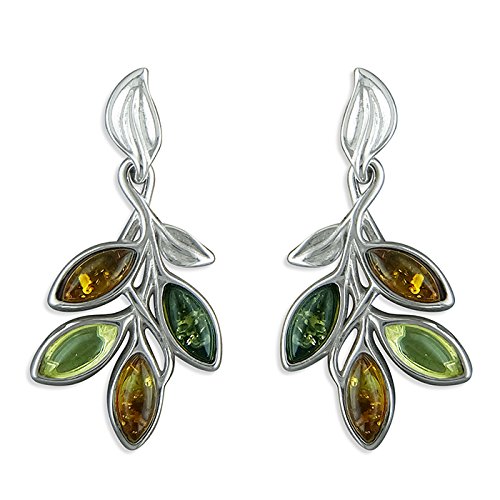 Amber Sterling Silver Earrings - Unusual Leaf Mixed Orange Yellow & Green Amber Fancy Dangly Drop H2235/M