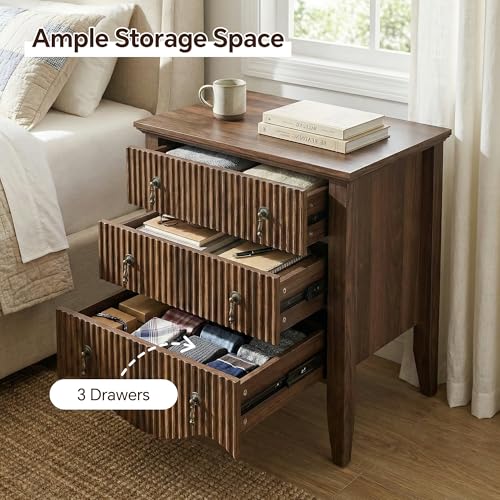 Image of FUSUNBAO Fluted Nightstand with Charging Station & 3 Drawers,Walnut | Vintage Bedside Table, 2 Fluted Drawers and Open Shelf, Rustic End Table, Power Outlet and USB Ports,End Table.bedroom