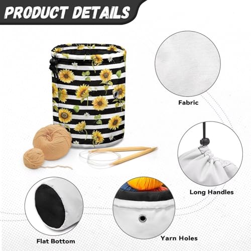 Image of Sellikakes Sunflower Stripe Yarn Bag Crochet Storage Organizer, Knitting Storage Bag Crocheting Bag Yarn Holder for Crochet Projects Skein Balls Knitting Short Needles Sewing Accessories