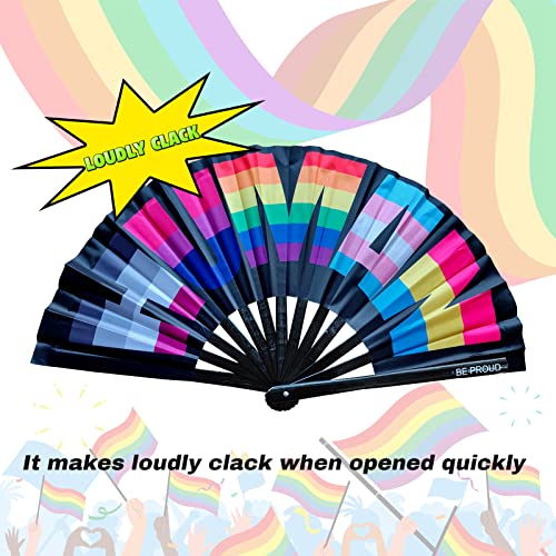 Image of bmuvghi Rainbow Folding Fan Pride Hand Held Fan Gay Pride Stuff Large Clack Hand Fan Foldable Rave Fan for LGBTQIA+ Pride Parade Pride Accessories Stuff