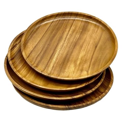 WRIGHTMART Wooden Plates, Set of 4 Servers, 12” Round, Handcrafted Acacia Hardwood, Versatile Durable Sustainable Tableware for Dinner, Lunch, Breakfast, Charger Plate, Platter, Large. Cover