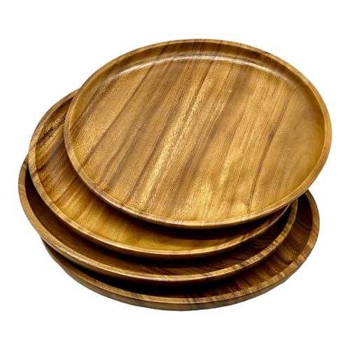 WRIGHTMART Acacia Wooden Plates – Set of 4, 12” Round Dinner & Charger Plates, Rustic Handcrafted Tableware for Charcuterie, BBQ, Farmhouse Dining, or Gift
