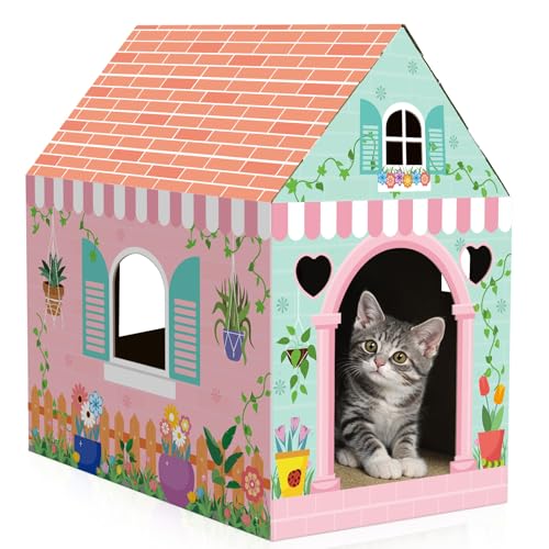 Cinrobiye Cardboard Cat House with Scratcher Spring Pet Board Bed Cave Playhouse Hideaway Hideout Condo Decor Small Animals Scratch Box for Indoor Cats Kittens Rabbits Bunny