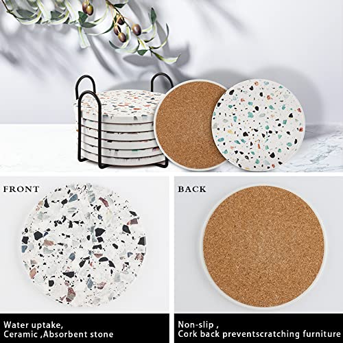 Set of 8 Coasters with Holder,Beautiful Marble-Style Absorbent Round Ceramic Drink Coasters with Cork Base for Coffee Table,Mug,Beer,Wine Glass Bottle,Home and Bar (Marble-Style) - Image 3