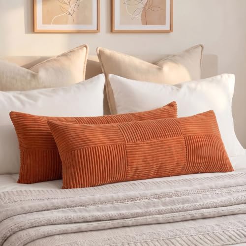 Image of Fancy Homi Set of 2 Burnt Orange Boho Long Lumbar Body Decorative Throw Pillow Cover 14x36 Inch for Bed Couch Bedroom Bench, Soft Patchwork Corduroy Textured Pillow Case, Rustic Farmhouse Room Decor