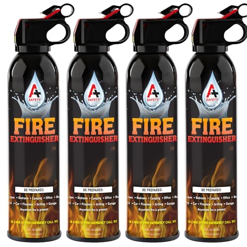 A+ Safety Portable Fire Extinguisher | 6-in-1 Small Fire Extinguisher for Home, Garage, Kitchen, Car | For Electric, Textile and Grease Fires | Non-Toxic, Easy Clean | Wall Mount Incl (4PK)