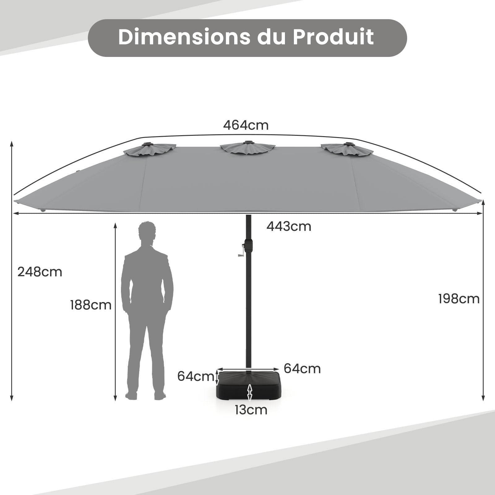 COSTWAY Parasol de Jardin Extérieur XXL avec Pied, Double 4,5 m, 12 Baleines en Métal, 2 Sacs de Sable, Manivelle, Grand Parasol pour 6 Personnes, pour Terrasse, Jardin, Piscine (Gris)