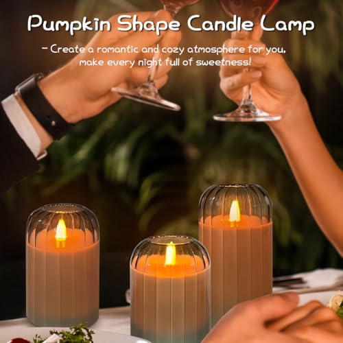 Image of LEDHOLYT Rechargeable Flameless Candle, Flashing LED Pillar Real Wax Candle with Remote Control and Timer, Green Pumpkin Glass Electronic Candles for Room Decoration, 1 Set of 3
