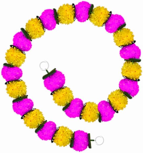 Artificial Decorative Marigold with Leaves Garland Used for Wedding Home Office Decoration,Size 55 inches, Pack of 3, Colour Yellow & Pink (RK-33804-3)