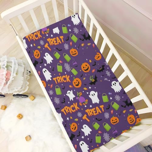Image of Caikeny Fitted Crib Sheet for Boys Girls Halloween White Ghost Pumpkin Baby Crib Sheets Bassinet Sheets Crib Mattress Bed Sheets for Toddler Newborn Infant 27 x 39 in