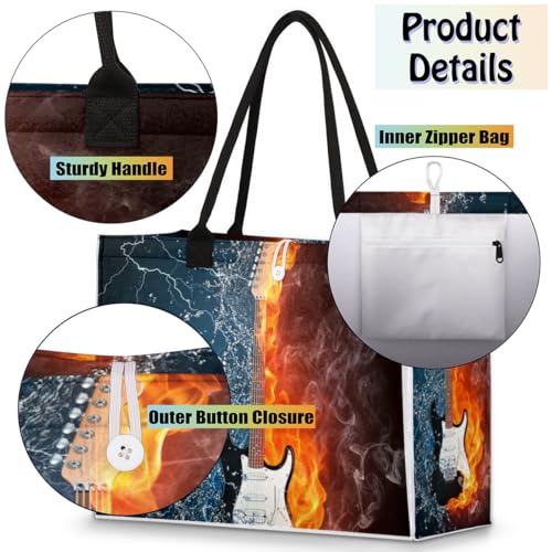 Guitar Music Fire Tote Bag for Women Large Beach Bag Reusable Tote Bags for Work Travel Beach Shopping4
