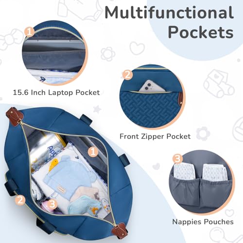 Image of Tenot Diaper Bag Tote with Pacifier Case, Baby Bag for Women with Shoulder Straps, Travel Diaper Tote for for Mom and Dad Blue