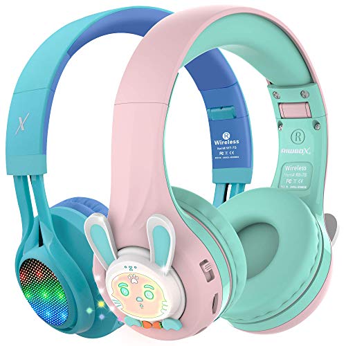 Riwbox WT-7S&RB-7S Kids Headphones Wireless, Bundle 2 Packs Foldable Stereo Bluetooth Headset with Mic and Volume Limited for PC/Laptop/Tablet/iPad (Blue&Pink)