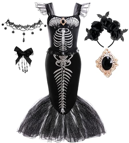 bibeikele Halloween Girls Mermaid Skeleton Costume Gothic Darkness Fancy Dress Outfit 5-6 Years