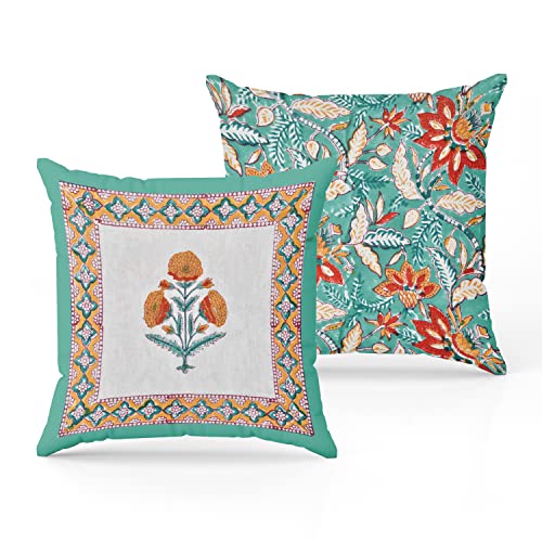 Image of BLOCKS OF INDIA Hand Block Printed Cotton Linen Cushion Cover (16 X 16 Inches) (Green Yellow Motifs), 250 TC