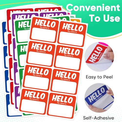 Image of Hello My Name is Stickers, 256 Pcs 8 Assorted Colors, 3 inch x 2.5 inch Self-Adhesive Name Tags for Kids, Students, Office Events, Classroom, Parties & Identity Identification