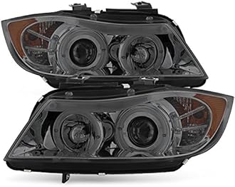 AKKON - For 06-08 BMW E90 3-Series 4Doors Sedan Wagon Smoked Halogen Type Halo Ring LED Eye Lid Projector Headlights