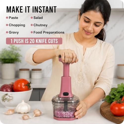 Image of TEKCOOL Food Chopper 800ml, 4 Blade Steel Large Manual Hand-Press Vegetable Chopper Mixer Cutter to Cut Onion, Salad, Tomato, Potato (Dusty Blush)