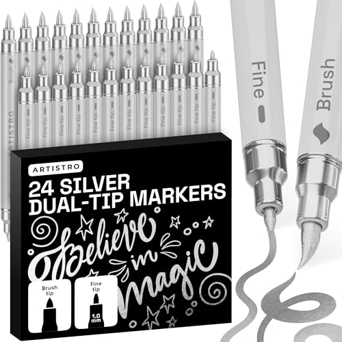 Image of ARTISTRO 24 Silver Acrylic Paint Markers - Paint Pens for Drawing - For Fabric, Rock, Glass, Wood, Molds - Arts & Crafts Gift for Adults, Teens, Kids, Classroom Must Haves & School Supplies