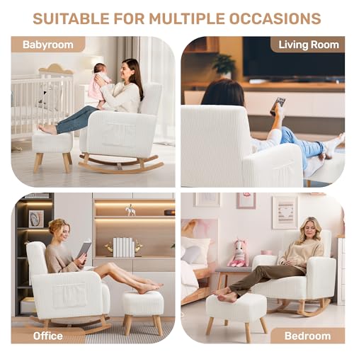 Image of HCHAIRH Rocking Chair with Ottoman, Corduroy Upholstered Glider Rocker with High Backrest and Side Pocket, Comfy Reading Chair with Solid Wood Legs for Nursery, Living Room,Bedroom Beige