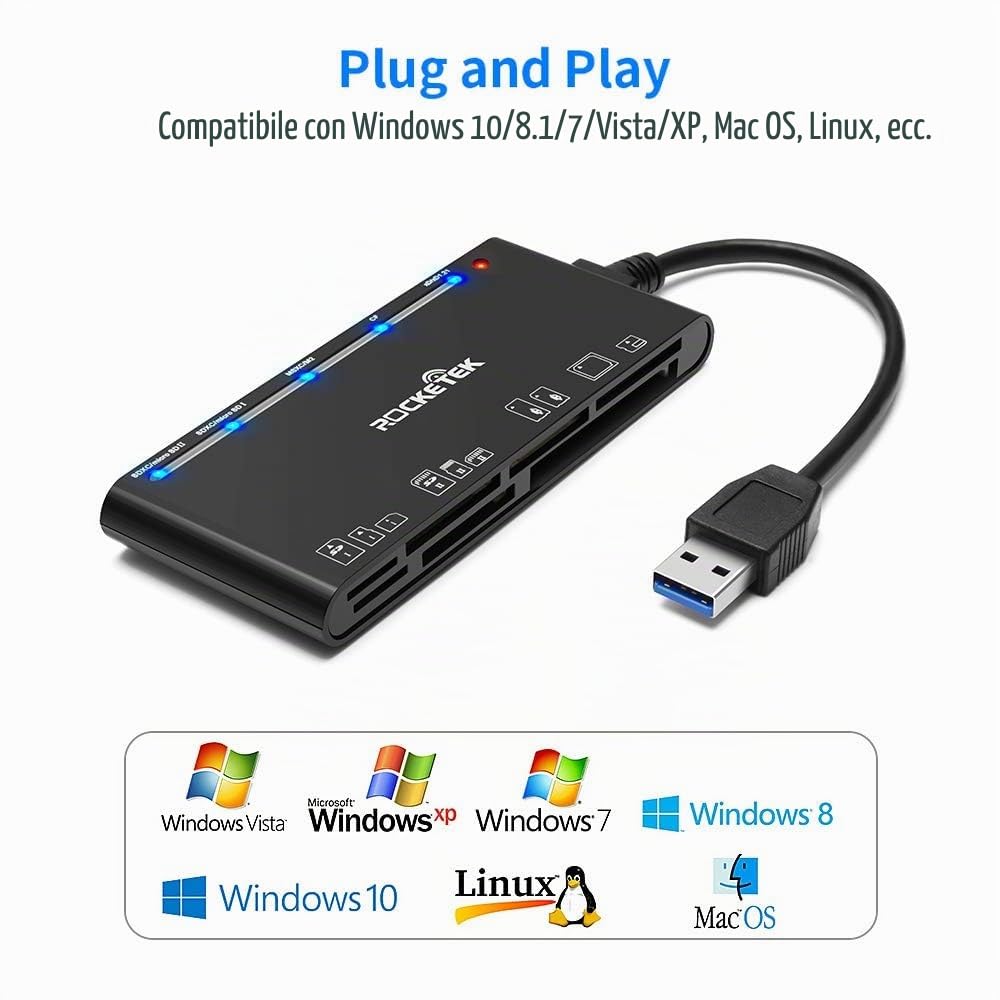 Lettore di schede USB 3.0, 7 in 1 SD/TF/CF/MS/XD/Micro SD Lettore di schede di memoria con USB3.0 (5 Gbps) Super Speed, compatibile con Windows/Linux/Mac OS/Vista