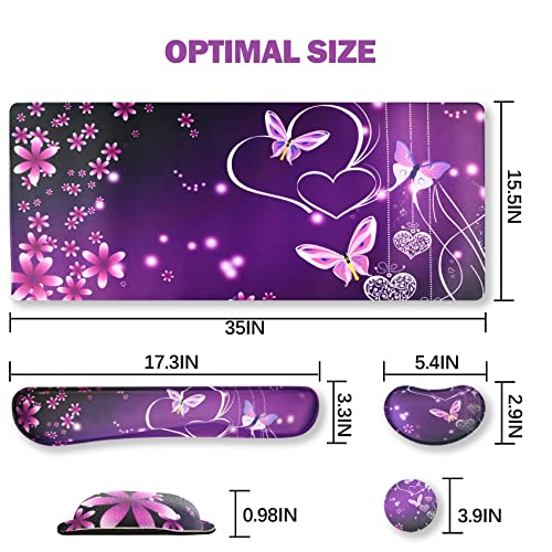 Image of ARTSO Large Gaming Mouse Pad, Keyboard Wrist Rest Pad & Wrist Support Mousepad Set, Stitched Edge, Extended, Non-Slip Base, Memory Foam Desk Mat for Office, Home, Purple Heart Butterfly