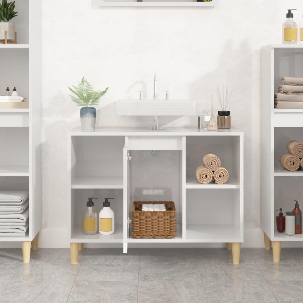 Tomostar Meuble sous Lavabo, Meuble de Rangement Salle de Bain sous Vasque Armoire Évier Blanc Brillant 80x33x60 cm Bois d'ingénierie