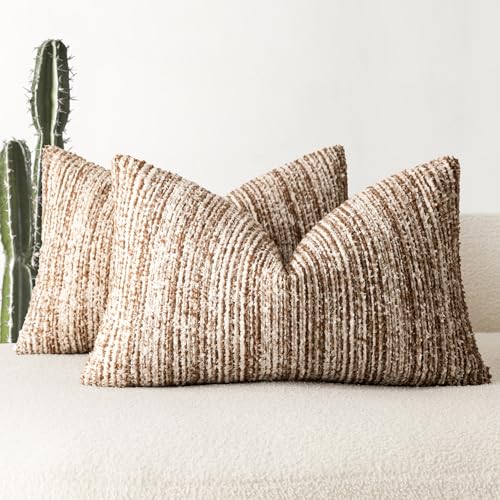 Image of Foindtower Set of 2 Faux Fur Textured Modern Throw Decorative Pillow Covers Lumbar Accent Striped Cushion Sherpa Boho Farmhouse Pillowcase for Couch Sofa Living Room Home Decor 12x20 Inch,Orange Brown