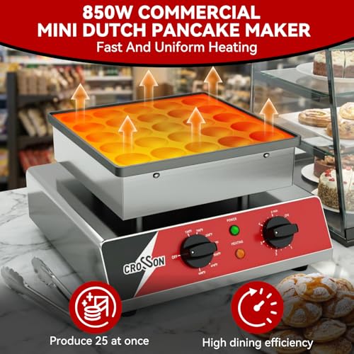 Image of CROSSON Mini Pancake Maker, 25PCS 43mm Diameter Dutch Muffin Waffle Baker, Non-stick Stainless Steel Poffertjes Grill, Commercial Electric Dorayaki Machine W /Temp & Time Control 120V /850W