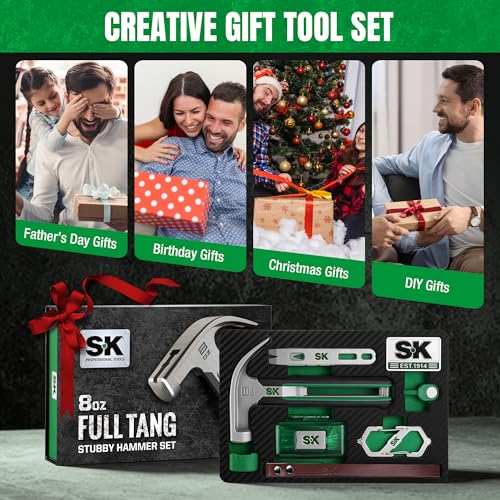 Image of SK Gifts for Men, 8-Piece Hammer Tool Set, 8oz Stubby Claw Hammer, Full Tang Hollow Metal Frame, with EVA Foam Tool Organizer, Birthday Gift for Dad, Husband, Grandpa, Ladies and Beginners