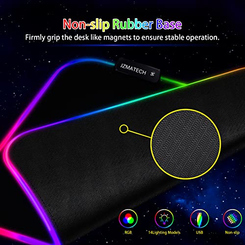 JZMATECH RGB Gaming Mauspad 800x300mm, XL Mousepad mit 14 Beleuchtungs Modi und 7 LED Farben, Großes Erweitertes Leuchtendes Anti Rutsch für Computer PC Gamer