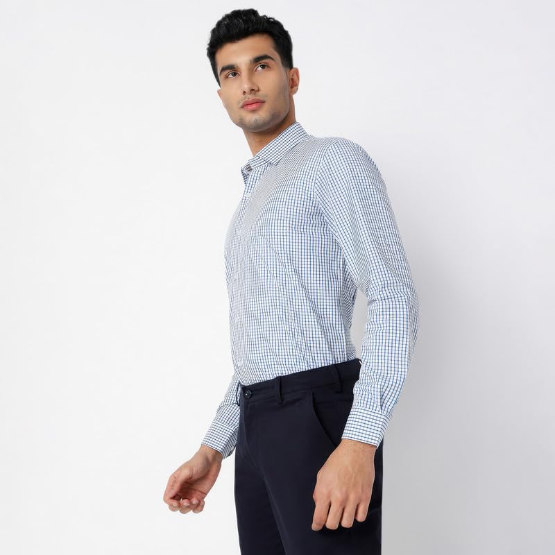 Image of MARK & ALBERT 100% Cotton Full Sleeves Regular Fit Formal Shirt for Men Blue