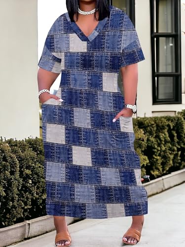 Image of SUZONANA Plus Size Denim Print Maxi Dresses for Women Casual V Neck Short Sleeve with Pockets Soft Jean Look Dress XL-6XL