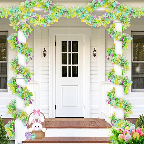 Image of 50FT Easter Tinsel Garland, Colorful Egg Tinsel Garland with Confetti, Twist Streamers for Tree Door Stairs Mantel Decoration, Hanging Oranment Party Supplies Outdoor Indoor Home Decor