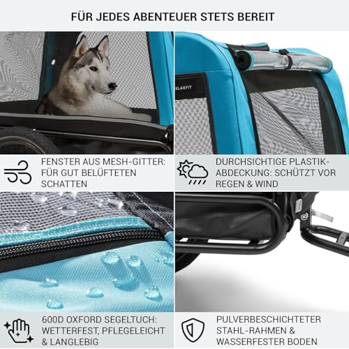 Klarfit Fahrradanhänger für Hunde, 2-in-1 Hundebuggy, Klappbar, Fahrradanhänger, Hundeanhänger Gefedert mit Reflektoren & Leine, für Hunde bis 40kg
