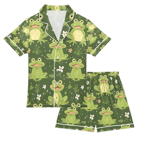 senya Green Frog Lotus Satin Summer Pajama Sets Silk Short Sleeve Button Down Sleepwear