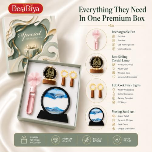Image of Desidiya Raksha Bandhan Gift Combo for Brother & Sister, 5 Pcs Gift Set | LED Crystal Ball Lamp, Sand Art Lamp, USB Rechargeable Fan & Decor Lights | Unique Add-On Gift for Rakhi
