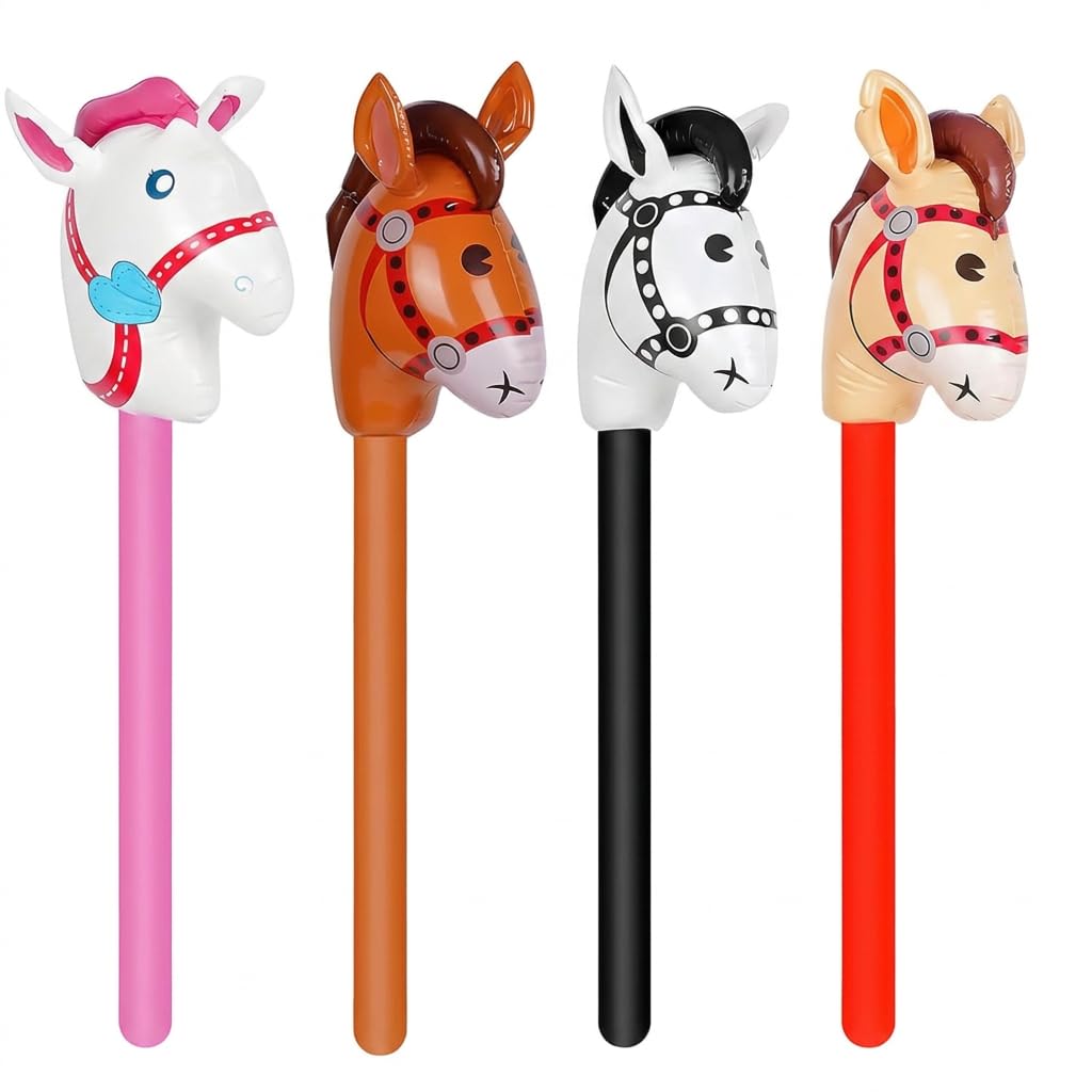 Kuwuarg Inflatable Hobby Horse, Blow Up Horse Set for Theme Parties and Cowboy Events, 4 Pcs Inflatable Horse Head Sticks for Teenagers and Party Planners