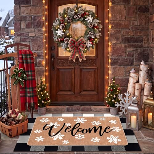 Tinideya 2 Pcs Winter Snowflake Doormats Christmas Welcome Outdoor Door Mats Layered...