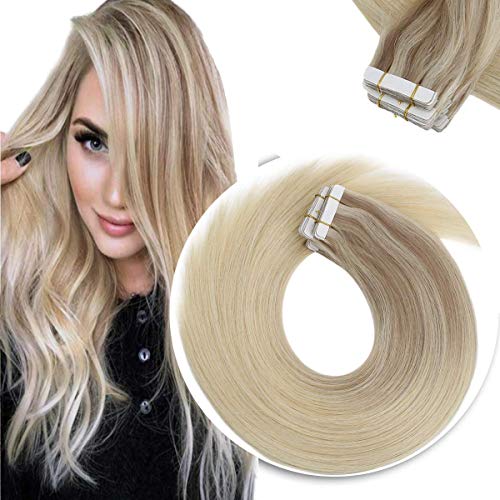 Sunny Tape in Extensions 18 inch Tape in Balayage Blonde Remy Human Hair Tape in Blonde Hair Extensions Real Hair Balayage Tape in Ash Blonde Mix Platinum Blonde 25g