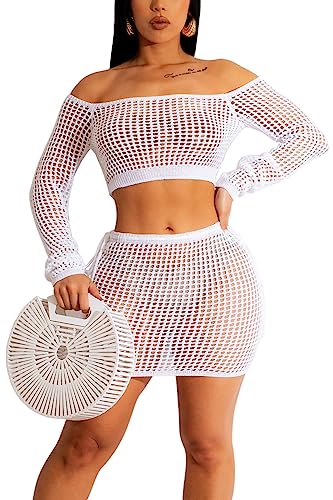 2 Piece Outfits Knitted Cover up Set Crochet Long Sleeve One Shoulder Hollow Top Drawstring Skirt Beach Cover up Set