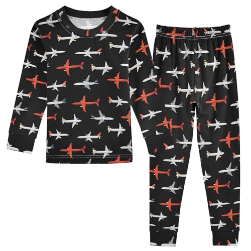Airplane Black Pattern Cute Pajama Sets Long Sleeve Top and Pants, Snug Fit Sleepwear for Night Wears