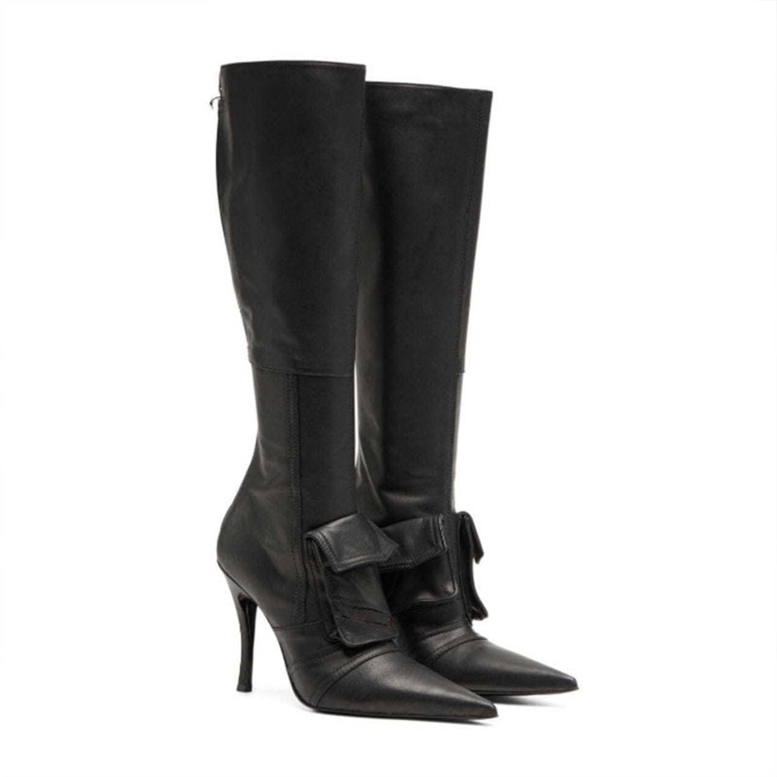 Black PU Pointed Toe Stiletto Knee-High Boots With Retro Zipper Fashionable Party Plus-Size Womens High Boots