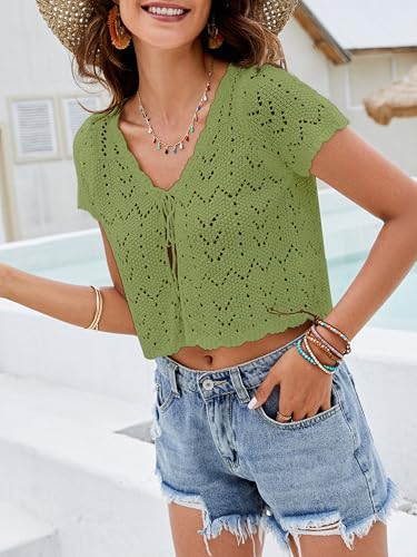 Image of Crochet Cardigans For Women Spring Summer Beach Short Sleeve Shrug Cropped Boho Lightweight Sweater Cover Up Tie Front Tops