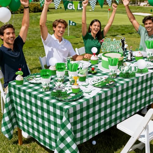Image of QIYANPAX 4 Pack Golf Party Tablecloths - Green Gingham Tablecloth and Golf-Themed Plastic Table Covers Disposable Tablecloths for Birthday Outdoor Party Decorations, 54 x 108 Inch