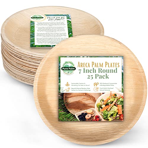 7 in Party Plates Palm Leaf Plates Biodegradable Plates 25 pc Nice Compostable Bamboo Wood Look Small Round Disposable Plates, Eco Friendly Paper Dinner Plates Party Wooden Style Plates by Pure Palm