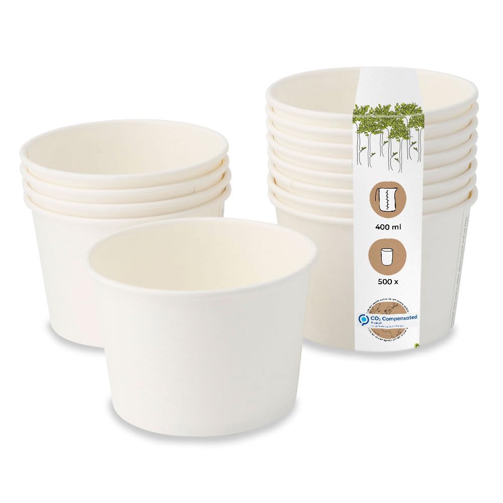 BIOZOYG Coppette Monouso Universali Ecologiche di Cartone per Gelati, Dessert, Finger Food, Antipasti, Snack I 500 Coppe Alimentari bianche senza stampa 400ml / 16oz I Vaschette rotonde compostabili