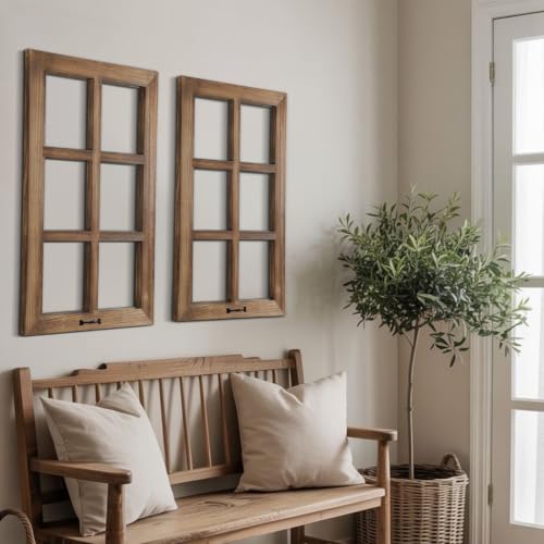 Image of LOSOUR 24x40in Wood Window Frame Wall Art, Vintage Rustic Wall Decor, Farmhouse Windowpane Decor, Decorative Wall Sculptures for Living Room, Bedroom, Entryway, Hallway(2, Brown-no glass, 40 inchL x 24 inchW)