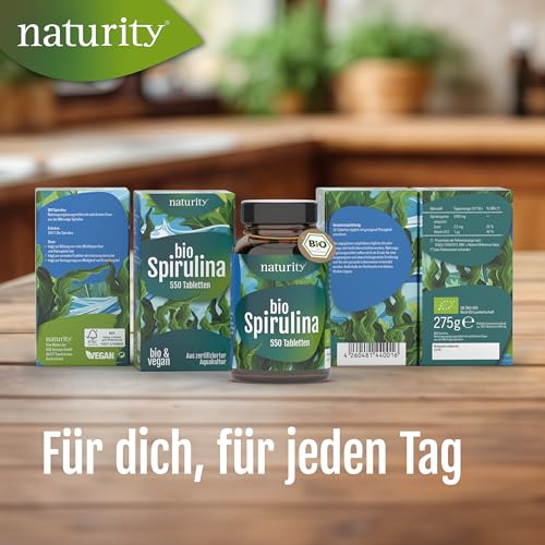BIO Spirulina Tabletten I 550 Presslinge, 100% gemahlene Spirulina I Mit natürlichem Eisen-Gehalt I Ökologisch kultiviert & Bio-zertifiziert I Vegan, ohne Zusätze & Rückstände I Naturity